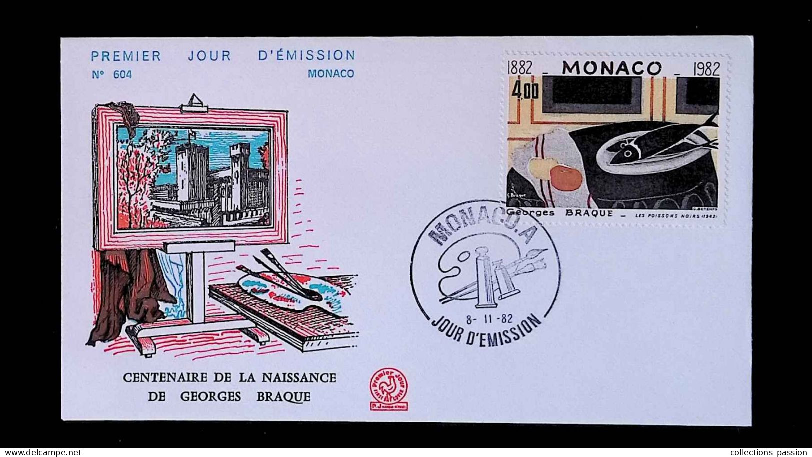 CL, FDC, 1 Er Jour, Monaco. A, 8-11-82, Centenaire De La Naissance De Georges Braque, Les Poissons Noirs - Covers & Documents