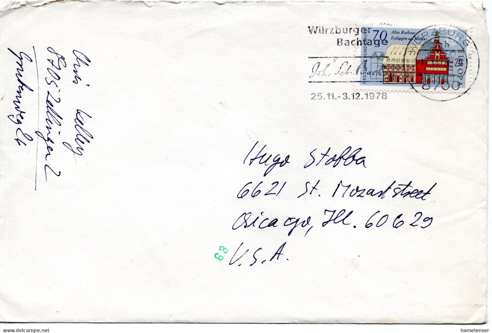 75589 - Bund - 1978 - 70Pfg CEPT '78 EF A Bf WUERZBURG - ... BACHTAGE ... -> Chicago, IL (USA) - Lettres & Documents