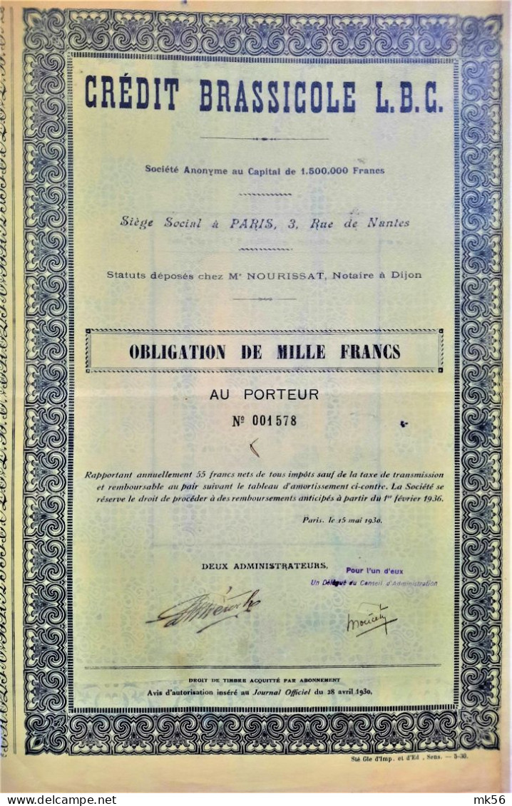 S.A. Crédit Brassicole L.B.C.  - 1936  - Obligation De 1000 Francs - Paris - Banque & Assurance