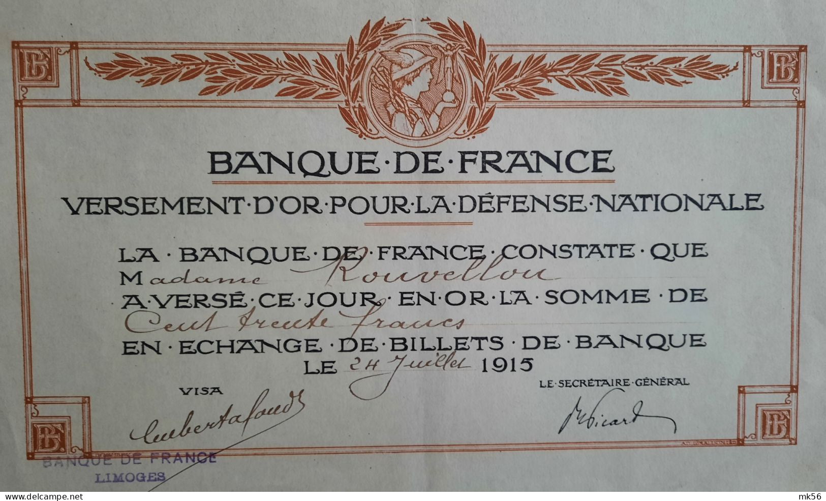 Banque De France - Versement Pour La Défense Nationale - 1915 - Bank & Versicherung