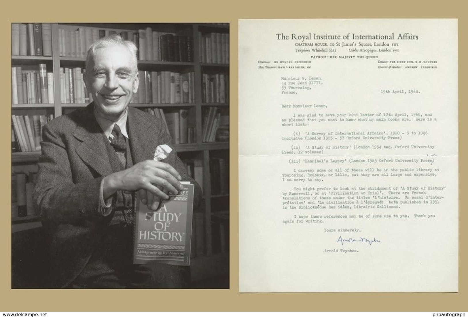 Arnold J. Toynbee (1889-1975) - Rare Signed Letter + Photo - London 1968 - Ecrivains