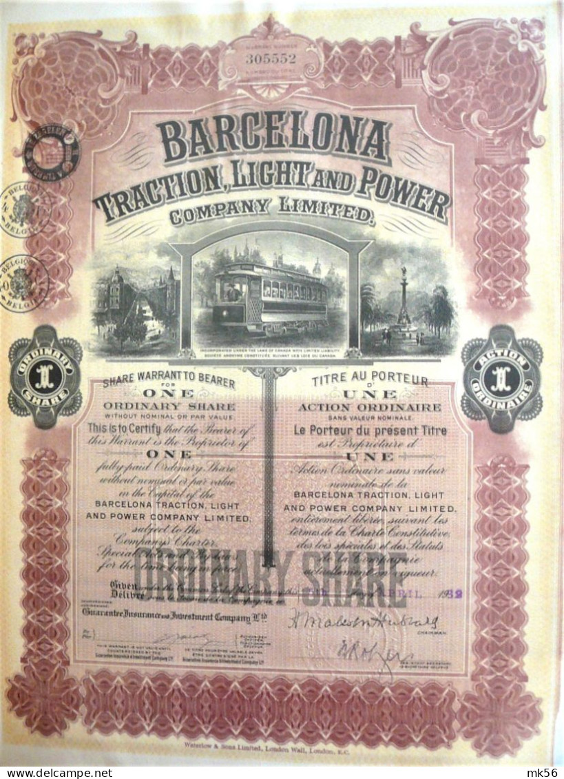 Barcelona Traction Light & Power - Une Action (1932) - Industry