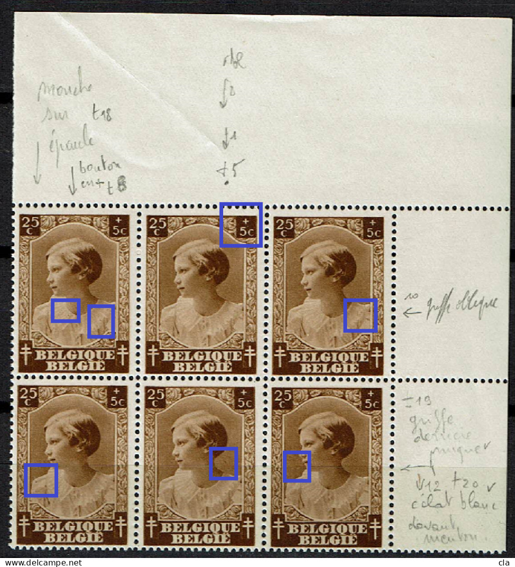 462  Bloc 6 Bdf  **  T1 2 Points  T2  Point Blanc  T3 Griffe Oblique épaule  T4  2 Points épaule... - 1931-1960