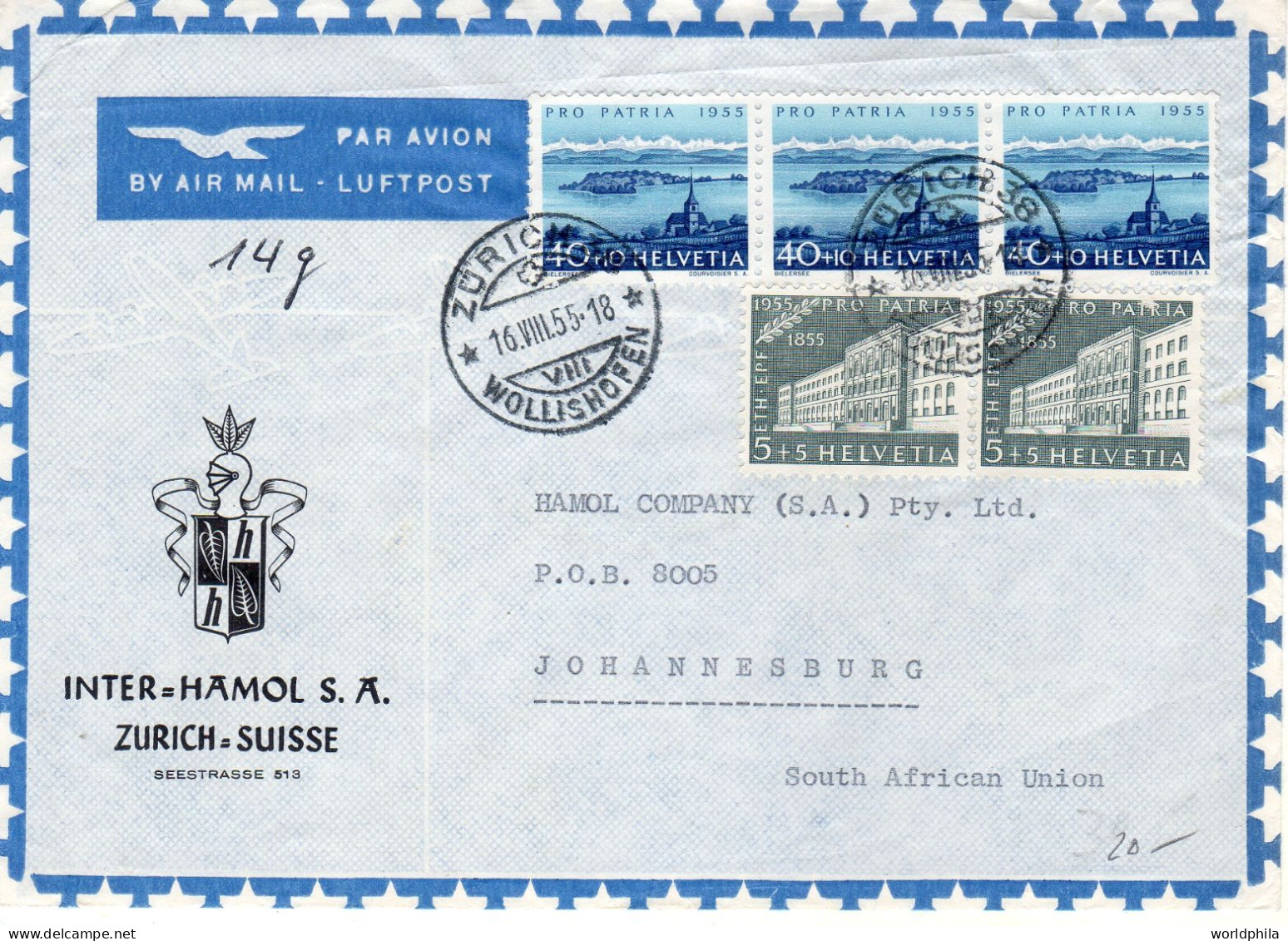 Switzerland / Suisse / Schweiz-South Africa 1955 Part Set Pro Patria Zu#75(x3),71(x2) Brief / Cover. - Briefe U. Dokumente