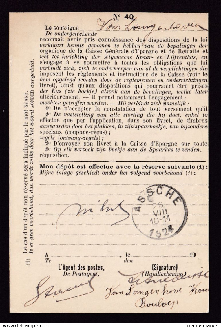 DDFF 746 -- ASSCHE - Carte De Caisse D'Epargne Postale/Postspaarkaskaart 1924 - Griffe Moyenne - Portofreiheit