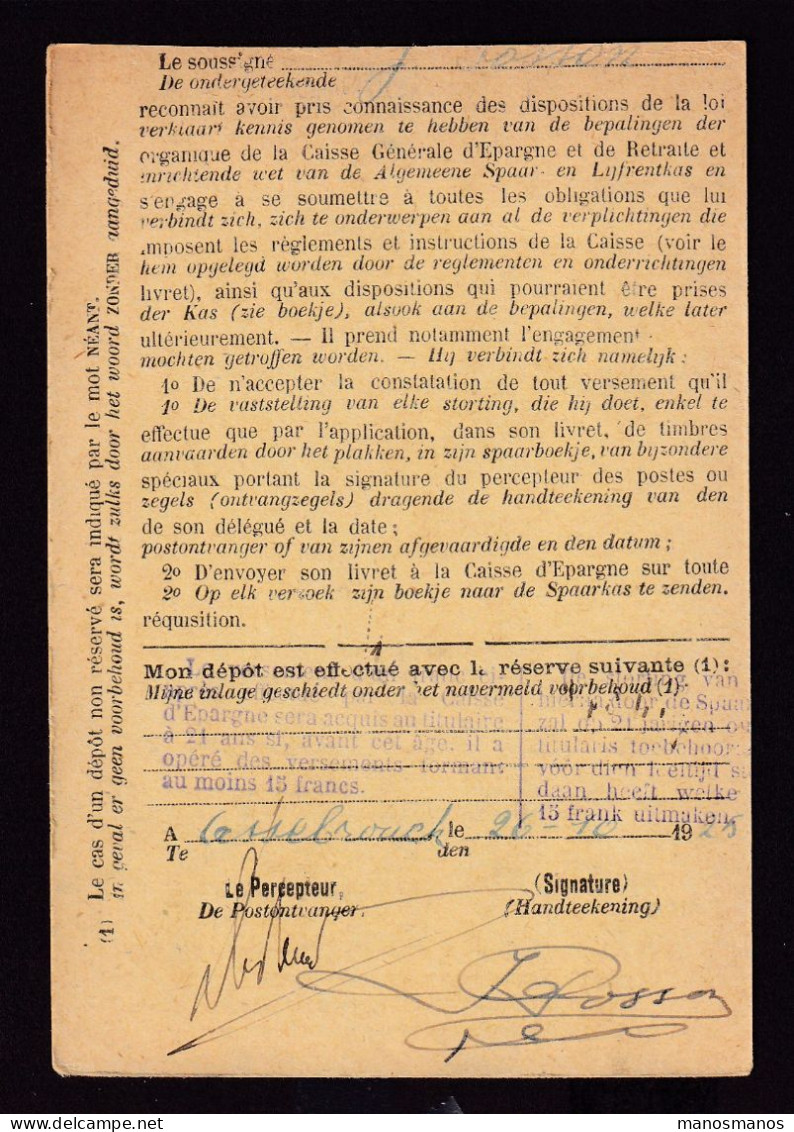 DDFF 749 -- ASSEBROUCK - Carte De Caisse D'Epargne Postale/Postspaarkaskaart 1925 - Petite Griffe - Portofreiheit