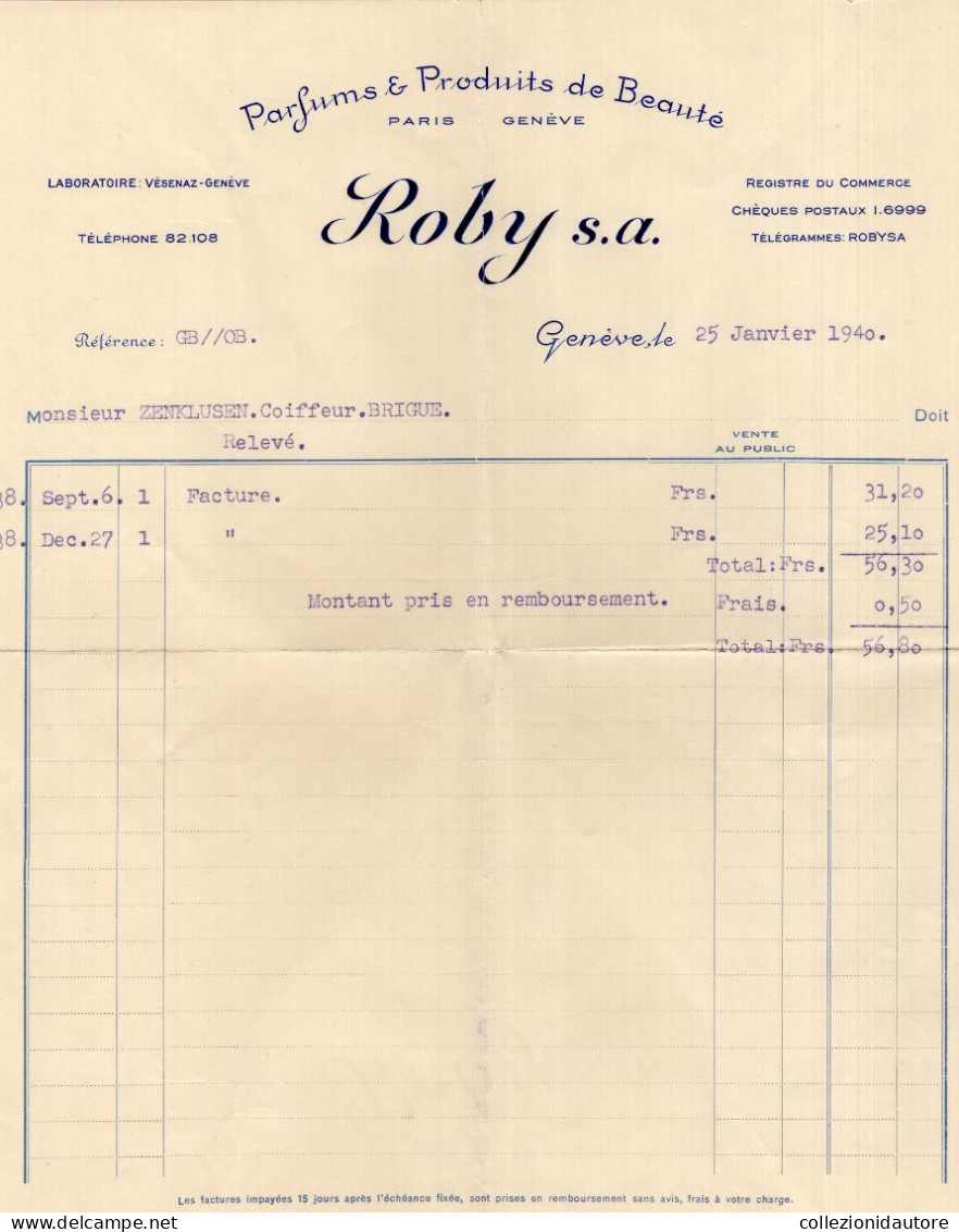 SWITZERLAND - GENÉVE  - ROBY S.A. PARFUMS & PRODUITS DE BEAUTÉ PARIS E GENÉVE  - FACTURE DEL 25 JANVIER 1940 - Svizzera