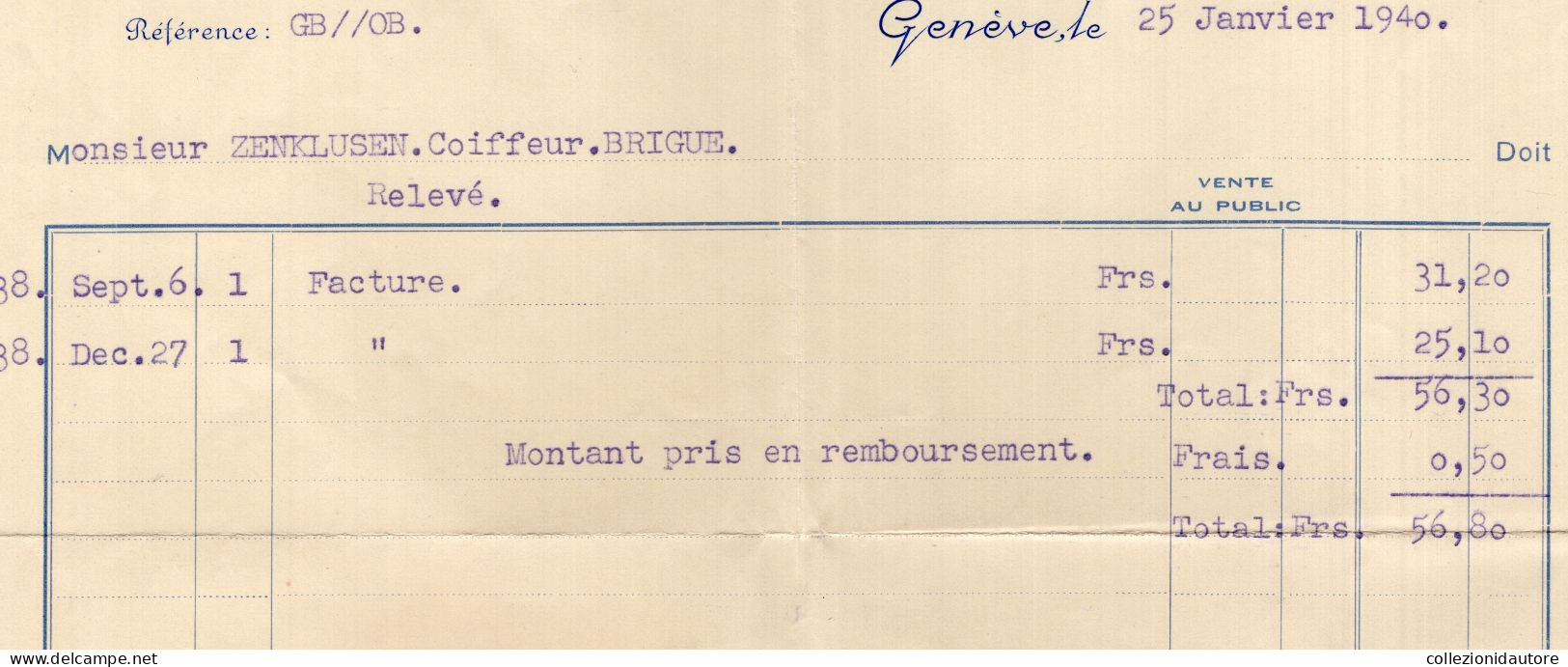 SWITZERLAND - GENÉVE  - ROBY S.A. PARFUMS & PRODUITS DE BEAUTÉ PARIS E GENÉVE  - FACTURE DEL 25 JANVIER 1940 - Suisse