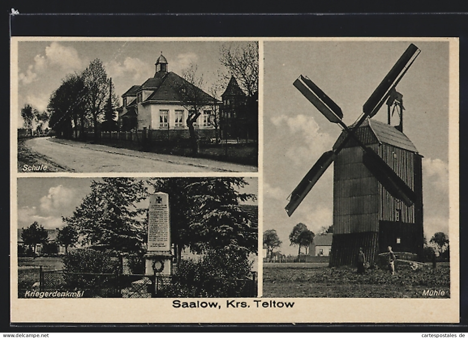 AK Saalow /Krs. Teltow, Mühle, Schule, Kriegerdenkmal  - Teltow