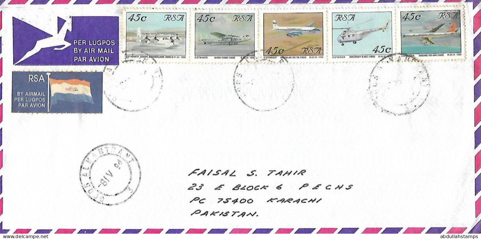 SOUTH AFRICA   1994   AIRMAIL  COVER  TO  PAKISTAN WITH AEROPLANE STAMPS, AVIATION. - Aéreo