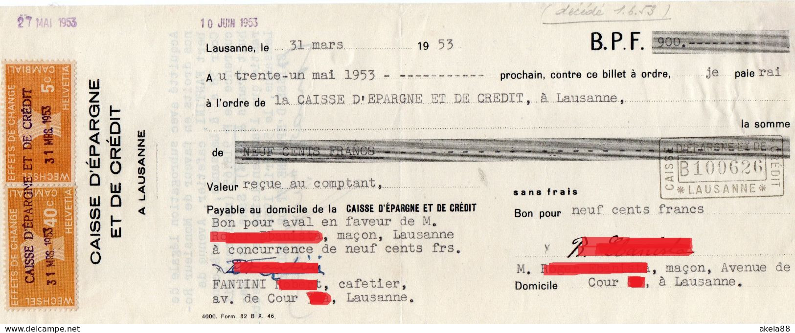 SVIZZERA 1953 - CASSA DI RISPARMIO DI LOSANNA - CAISSE D'EPARGNE ET DE CREDIT  LAUSANNE - CAMBIALE CON MARCHE - Bills Of Exchange