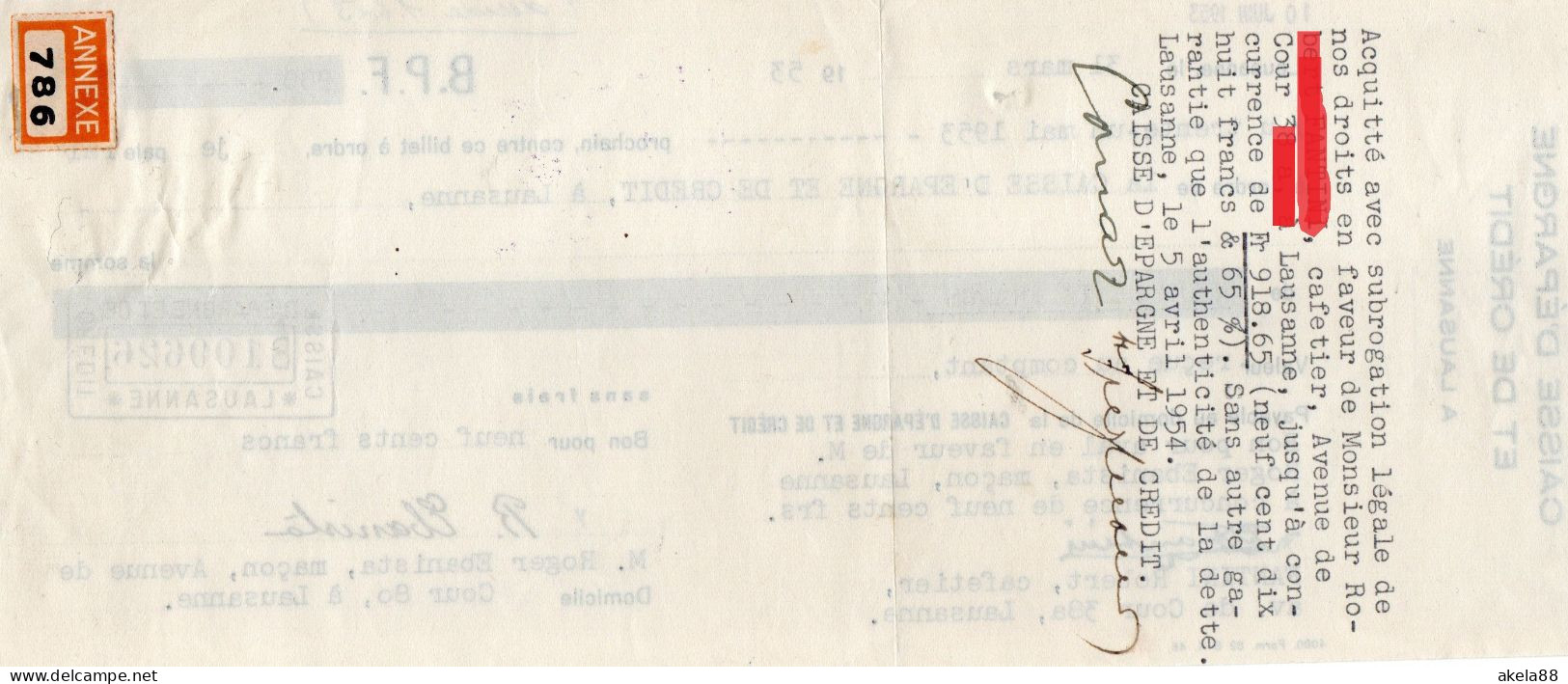 SVIZZERA 1953 - CASSA DI RISPARMIO DI LOSANNA - CAISSE D'EPARGNE ET DE CREDIT  LAUSANNE - CAMBIALE CON MARCHE - Bills Of Exchange