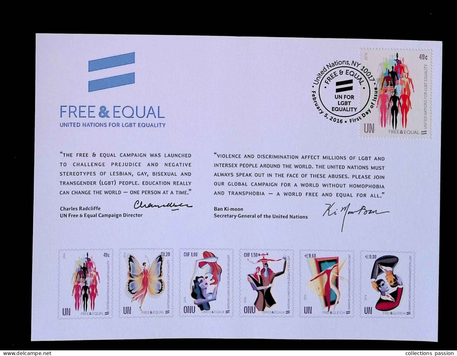 CL, FDC, 1 Er Jour, United Nations, NY 10017, February 5, 2016, Free & Equal; UN For LGBT Equality, Frais Fr 1.95 E - FDC