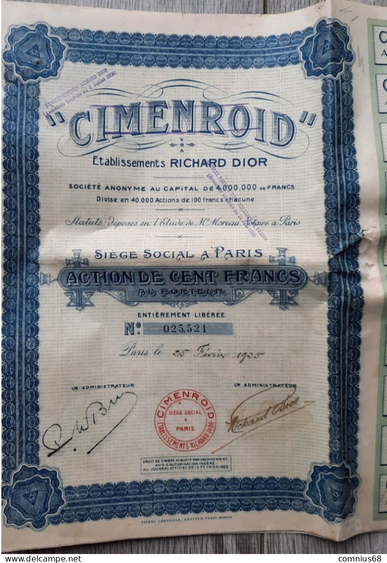 Action - Cimenroid - 1925 - Etablissement Richard Dior - 100 Francs - A - C