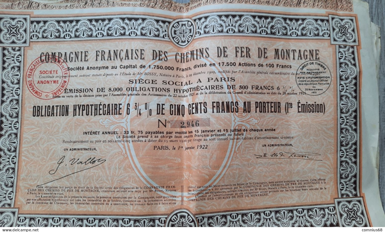 Obligation Compagnie Française Des Chemins De Fer De Montagne - 1922 - 500 Francs - Ferrocarril & Tranvías