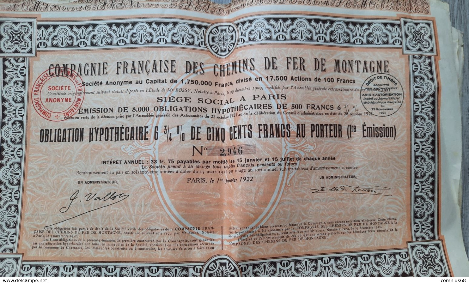 Obligation Compagnie Française Des Chemins De Fer De Montagne - 1922 - 500 Francs - Spoorwegen En Trams