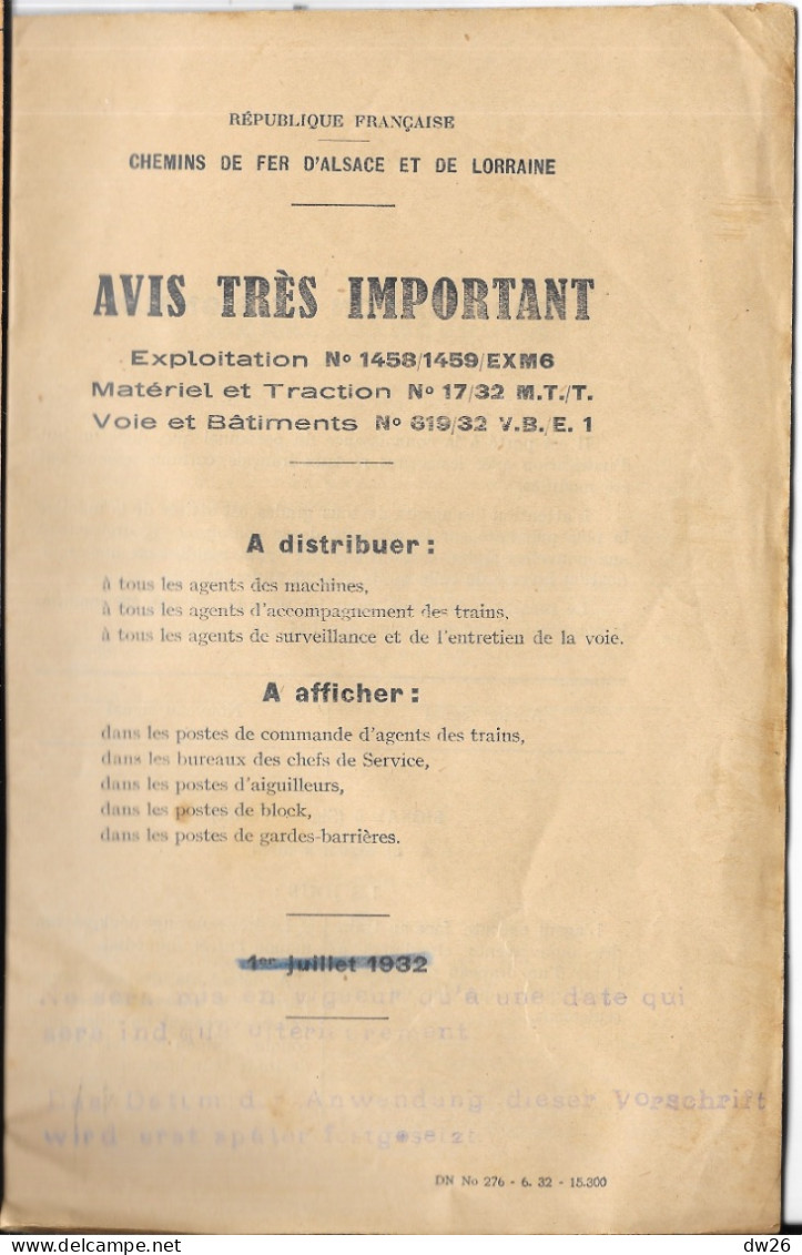 Chemins De Fer D'Alsace Et De Lorraine - Livret: Avis Très Important à Distribuer Aux Agents Cheminaux 1932 - Ferrocarril