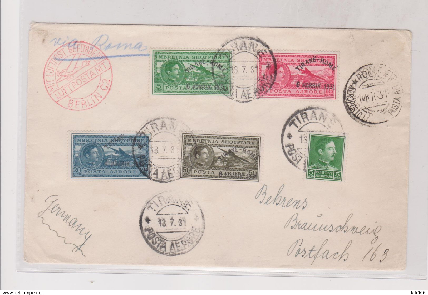 ALBANIA TIRANE TIRANA 1931 Airmail Cover To Germany - Albanien