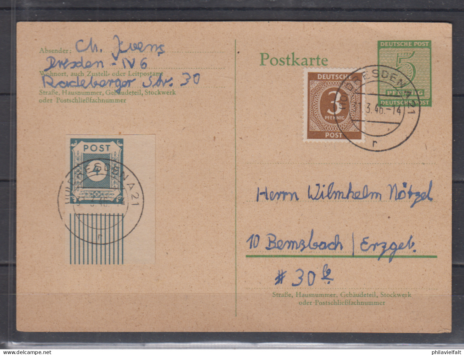 SBZ Ganzsache MiNo. P 14 ZuF 53 Und Kontrollrat 913 Als Fernkarte Dresden/31.3.46 - Postal  Stationery