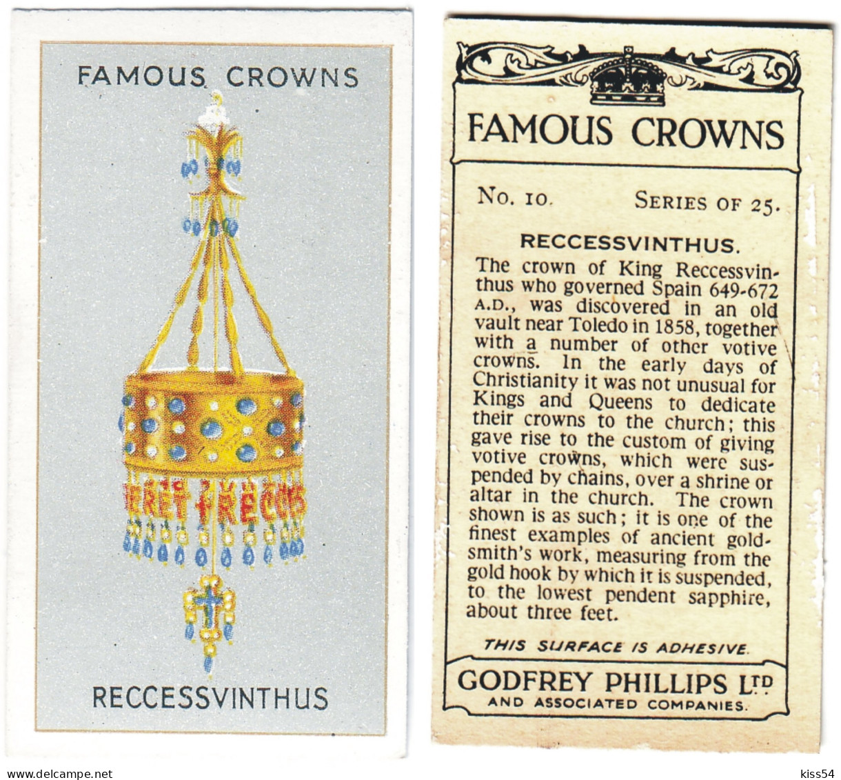 CR 3 - 10b Famous Crown, SPAIN, King RECCESSVINTHUS - Godfrey Phillips -1938 - Phillips / BDV