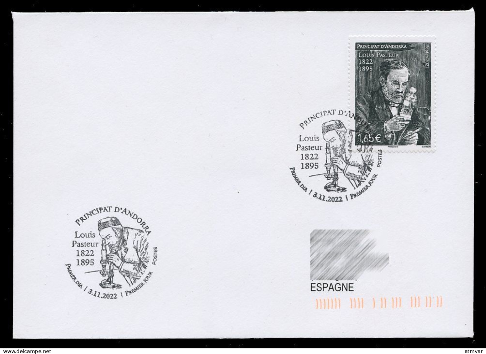 ANDORRA Postes (2022) Pli Premier Jour / FDC - Louis Pasteur 1822 - 1895, Microscope, Scientifique, Microbiologie - FDC