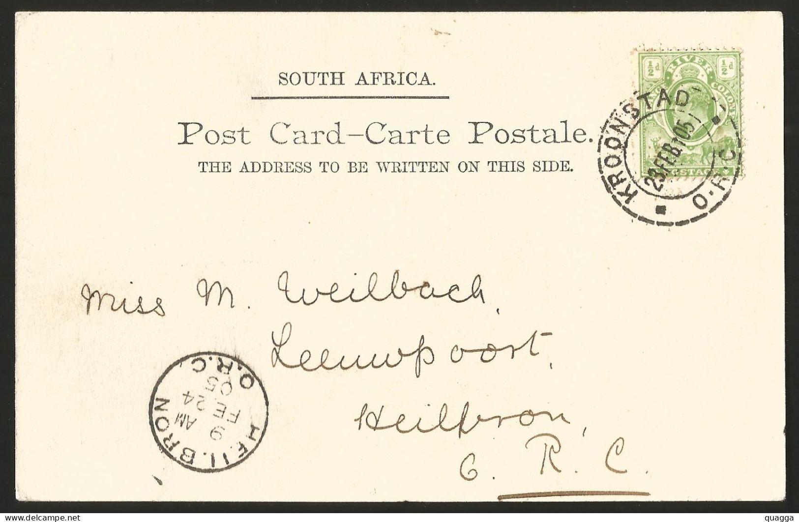 Orange Free State 1905. KROONSTAD Postmark To Heilbron O.R.C.. - Oranje-Freistaat (1868-1909)