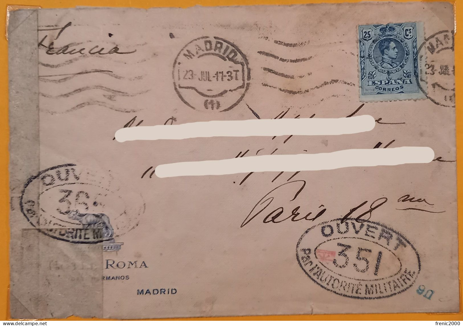 EM19 -Lettre Censurée Espagne 23 Juillet 1917 - Oblitérés