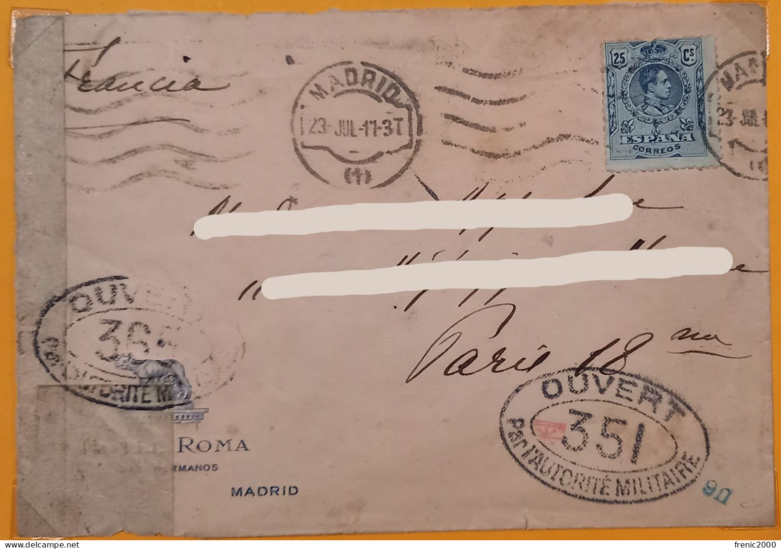 EM19 -Lettre Censurée Espagne 23 Juillet 1917 - Gebruikt