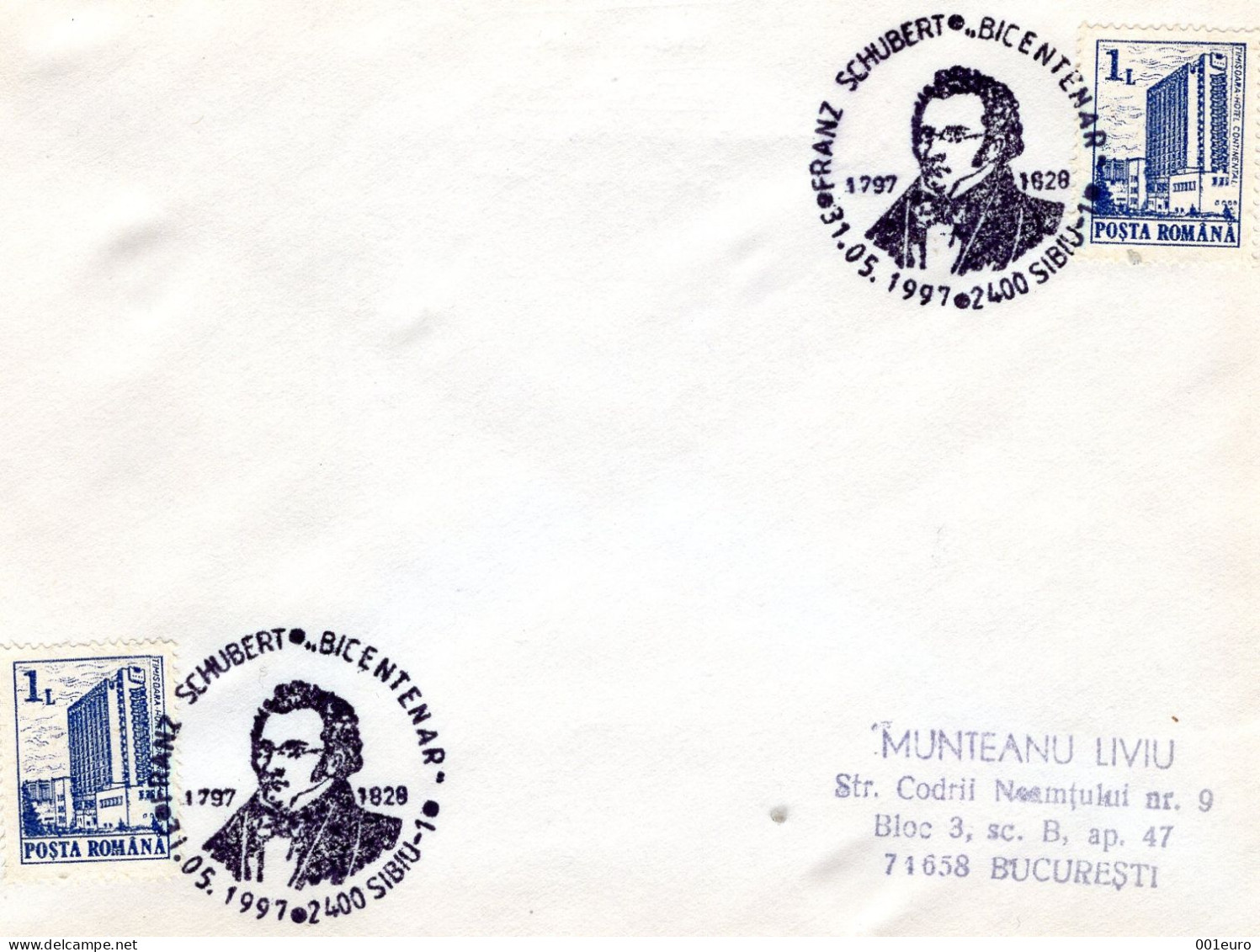 ROMANIA 1991: COMPOSER FRANZ SCHUBERT, ILLUSTRATED POSTMARK - Registered Shipping! - Postmark Collection