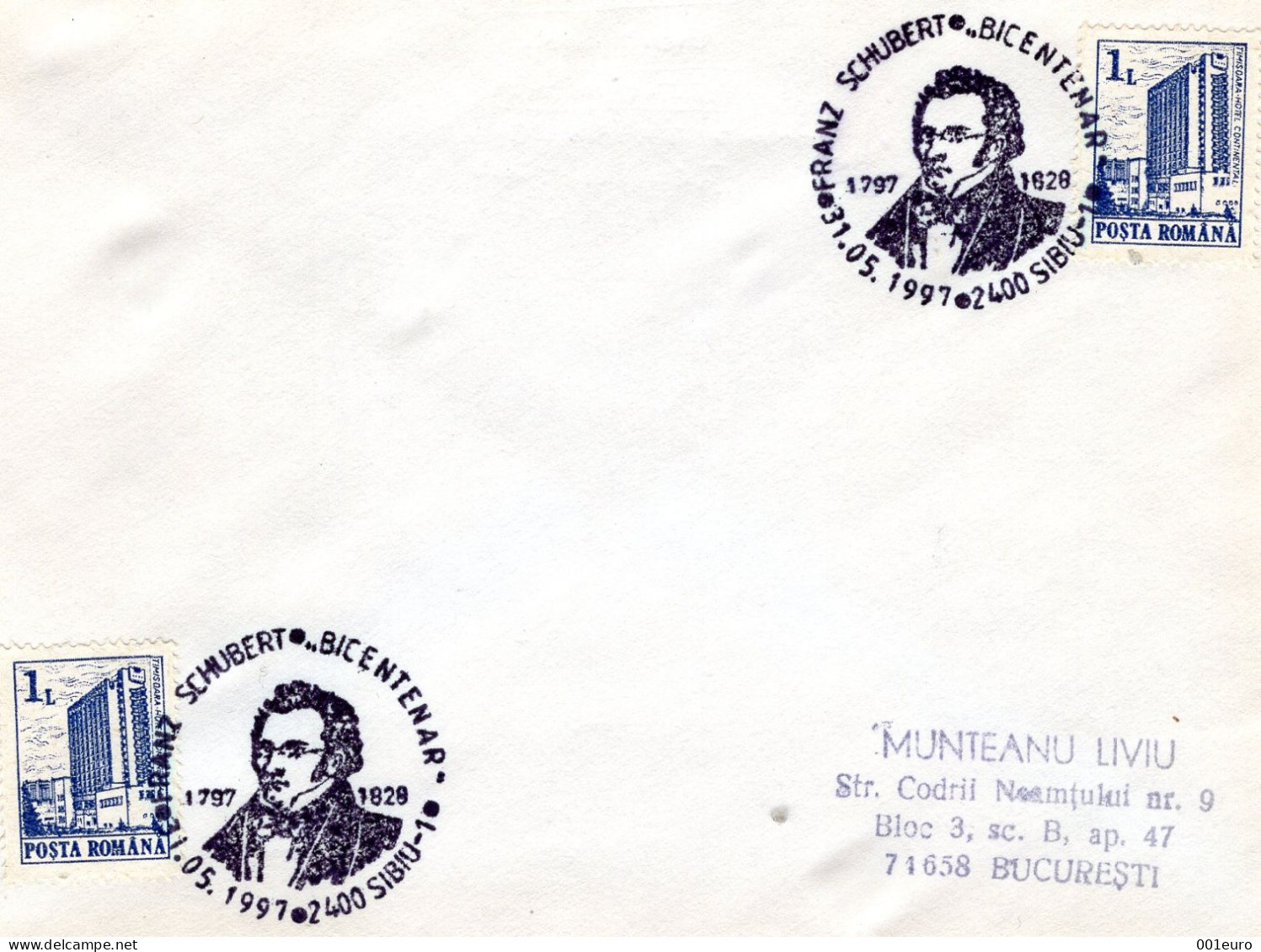 ROMANIA 1991: COMPOSER FRANZ SCHUBERT, ILLUSTRATED POSTMARK - Registered Shipping! - Marcofilie