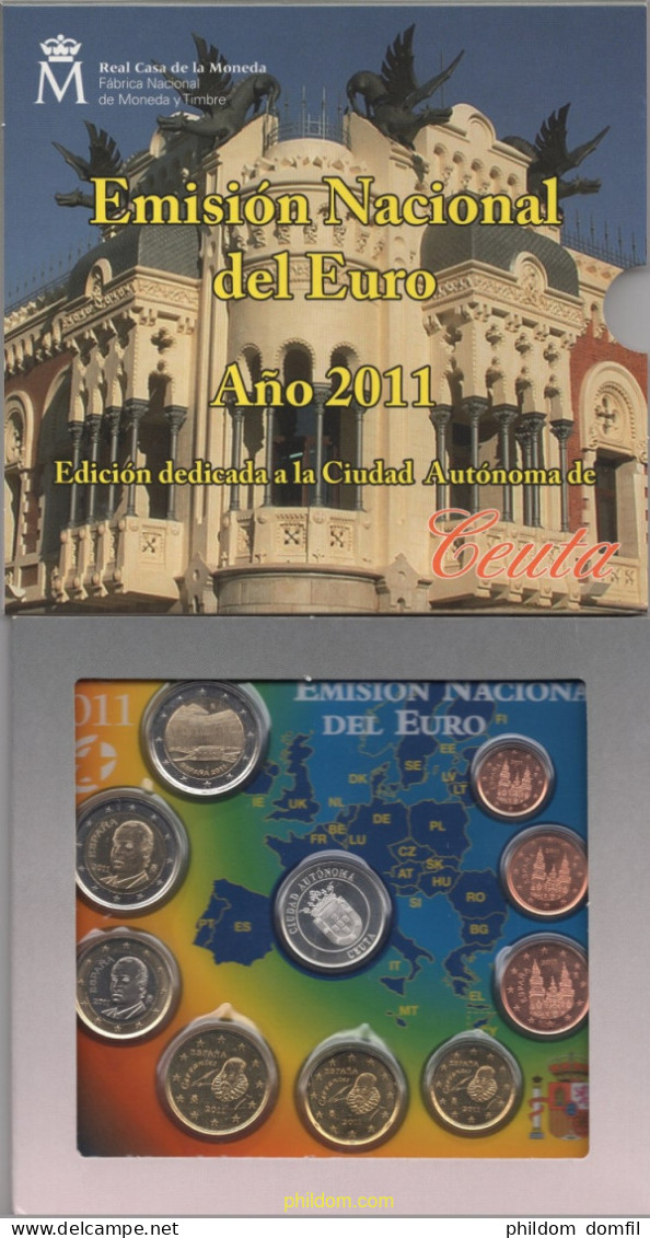 3368 ESPAÑA 2011 CARTERA ESPAÑA,OFICIAL EUROSET 2011 CEUTA 9 MONEDAS + MEDALLA DE PLATA AUTONOMÍA - 10 Centesimi