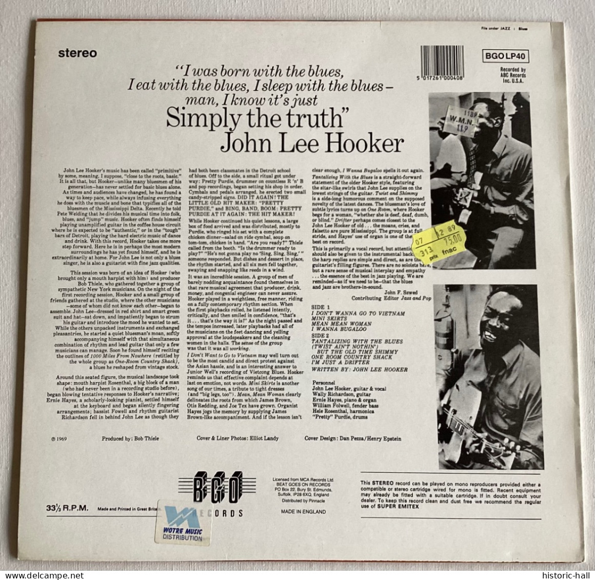 JOHN LEE HOOKER - Simply The Truth - LP - 1969/89 - UK Press - Blues