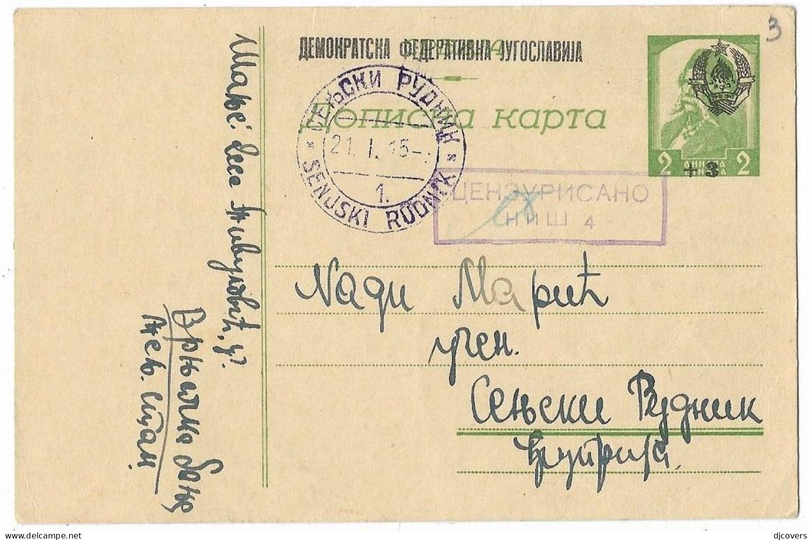 Yugoslavia 1945 January 21st. Senjski Rudnik Censored Postal Stationery Card - Brieven En Documenten