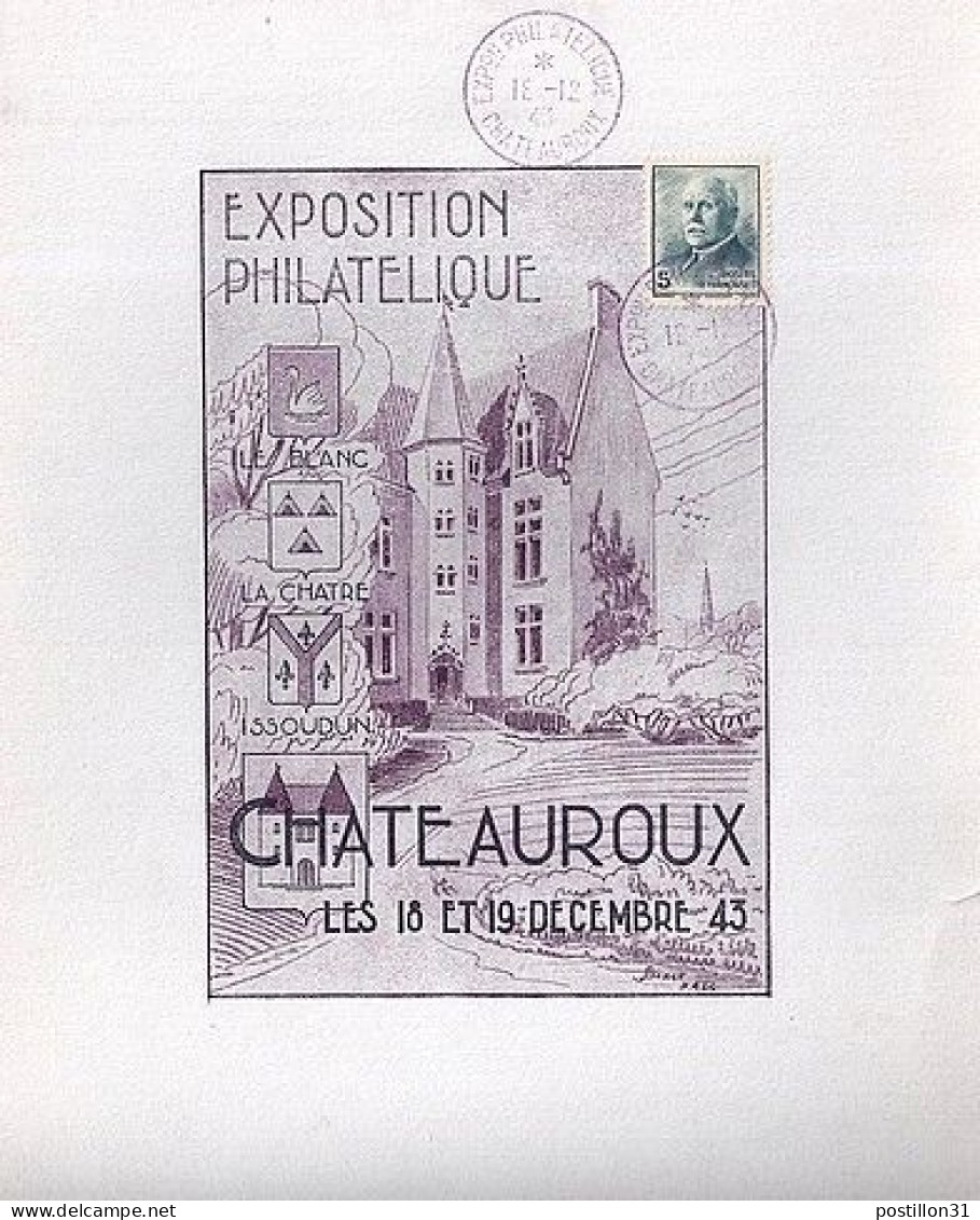 PETAIN N° 524 S/CARTON DE L’EXPOSITION PHILATELIQUE DE CHATEAUROUX/18-19 DECEMBRE 43 - 1941-42 Pétain