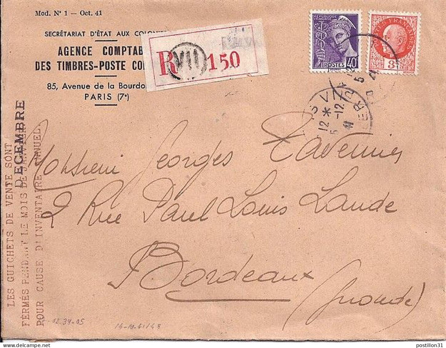 PETAIN N° 521/413 S/L.REC. DE PARIS/5.12.41 - 1941-42 Pétain