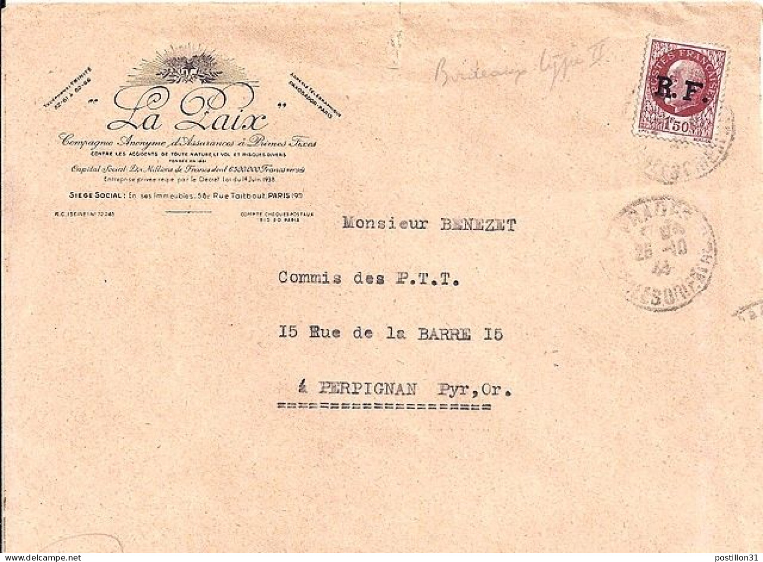 PETAIN N° 517 SURCH. RF S/L. DE PRADES/26.10.44 POUR PERPIGNAN - 1941-42 Pétain