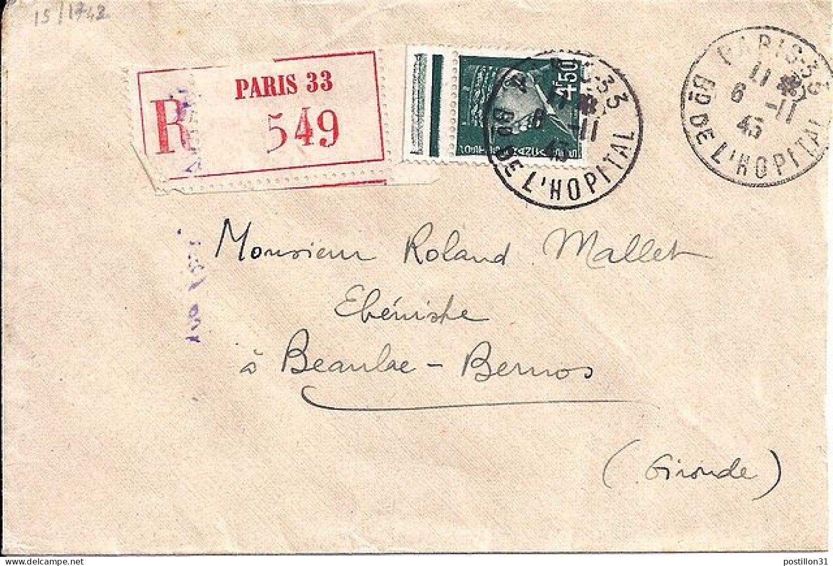 PETAIN N° 521B S/L.REC. DE PARIS/8.11.43 - 1941-42 Pétain