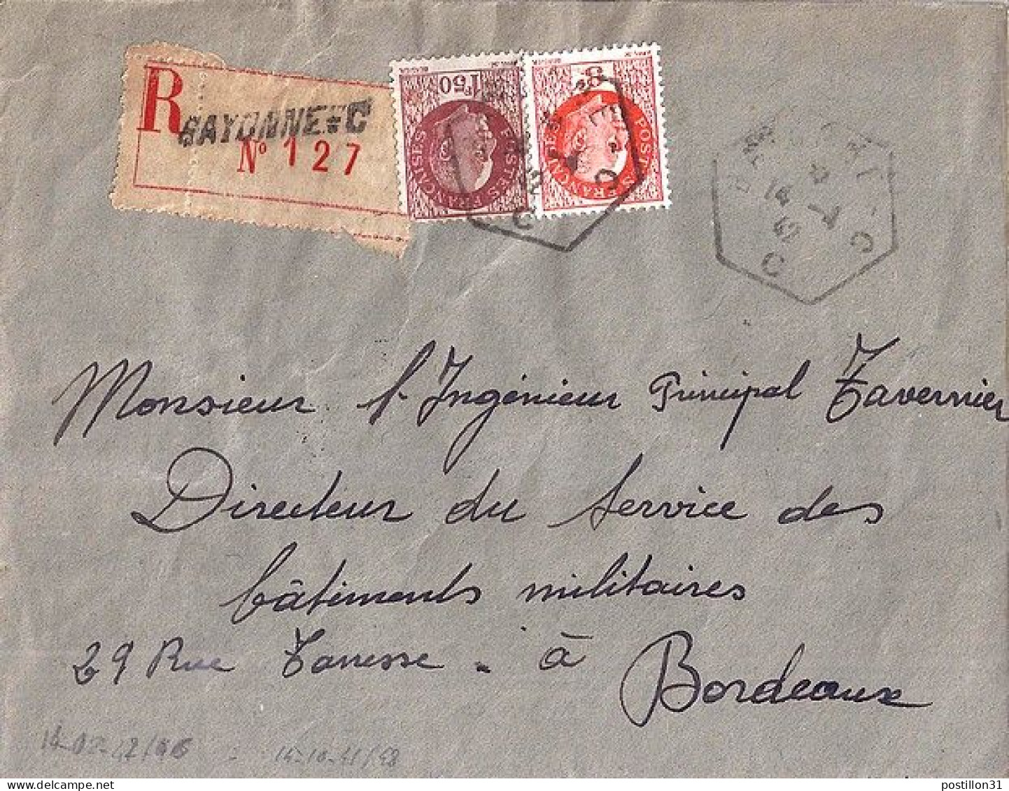 PETAIN N° 521/517 S/L.REC. DE BAYONNE C / 14.4.42 - 1941-42 Pétain