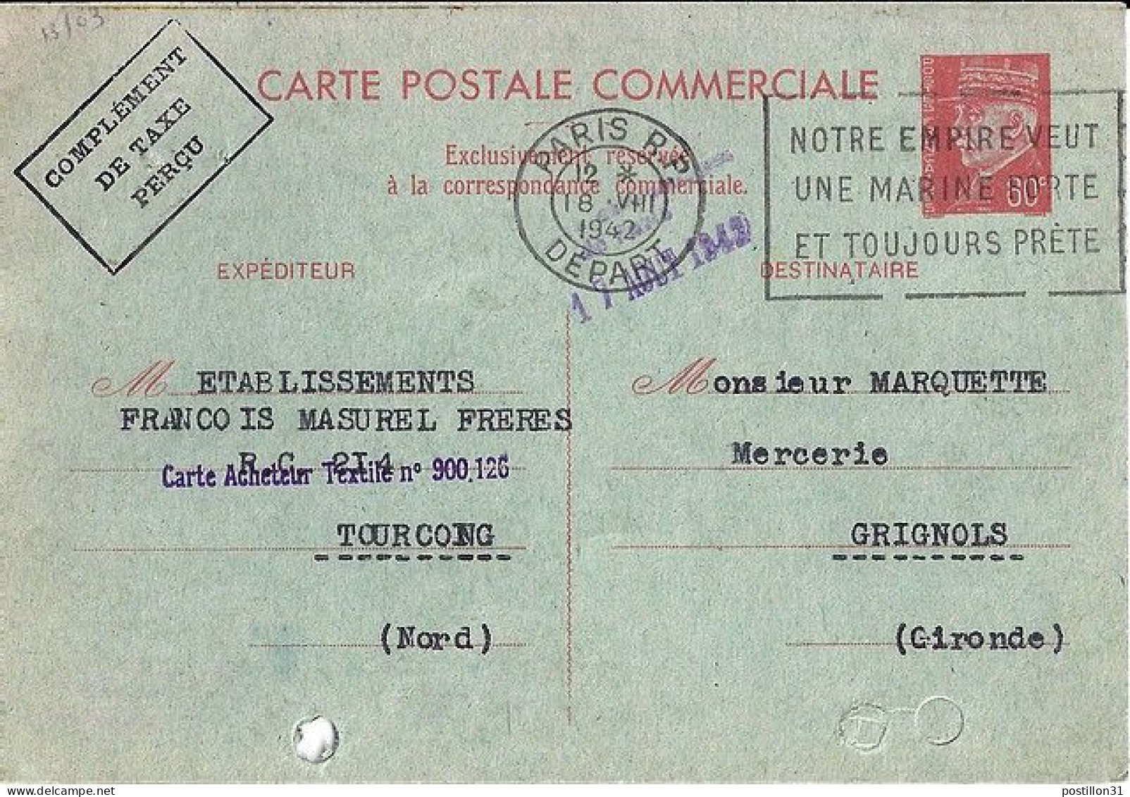 PETAIN N° CARTE POSTALE COMMERCIALE 512-CP4 DE PARIS/18.8.42 - 1941-42 Pétain