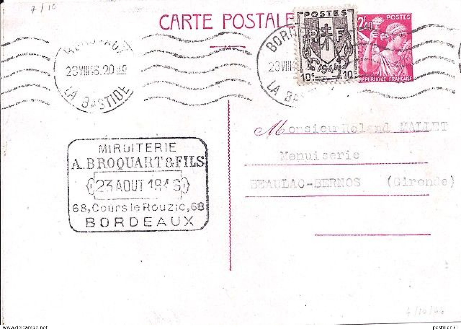 IRIS N° ENTIER 654-CPI DE BORDEAUX/23.8.46 - 1939-44 Iris