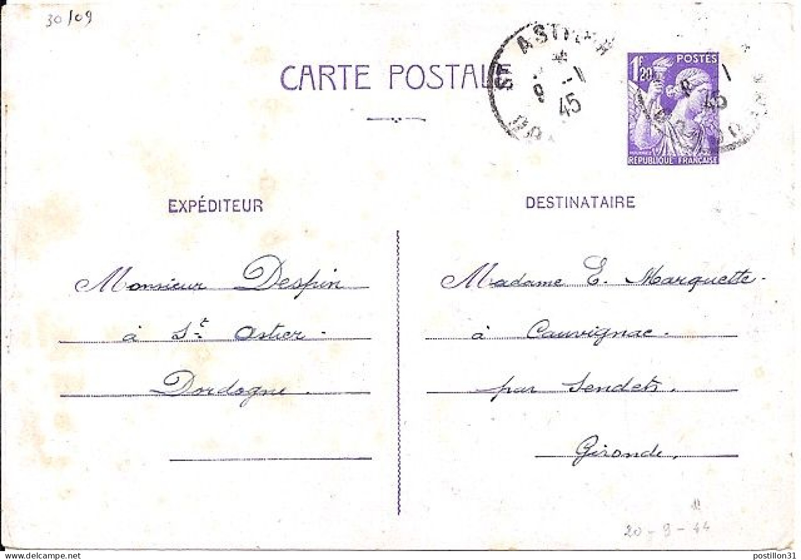 IRIS N° ENTIER 651-CP DE ST ASTIER/9.1.45 - 1939-44 Iris