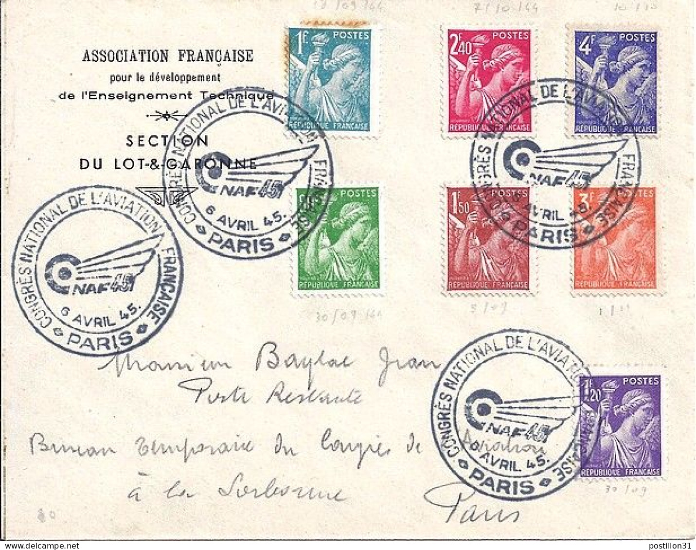 IRIS N° 649/650/651/652/654/655/656 S/L. DE PARIS/CONGRES DE L AVIATION/6.4.45 - 1939-44 Iris