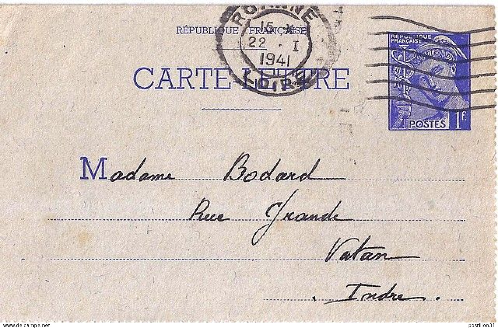 MERCURE N° ENTIER POSTAL SPR-CL1 DE ROANNE/22.1.41 - 1938-42 Mercurio