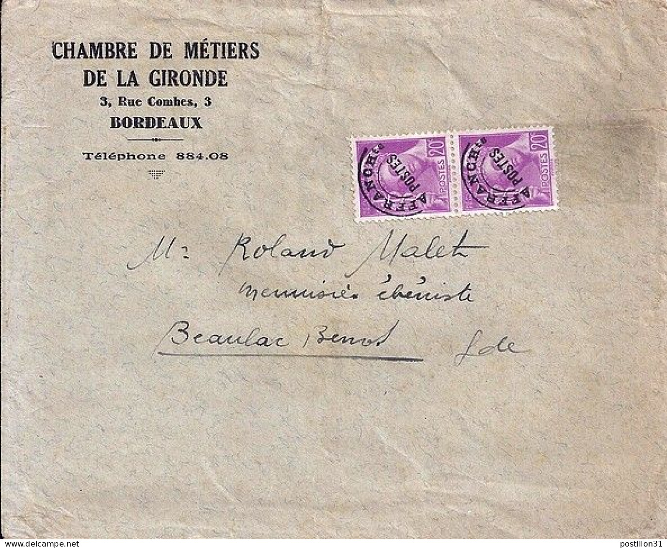 MERCURE N° PREO 78 X 2 S/LETTRE DE CHAMBRE DES METIERS DE GIRONDE - 1938-42 Mercure