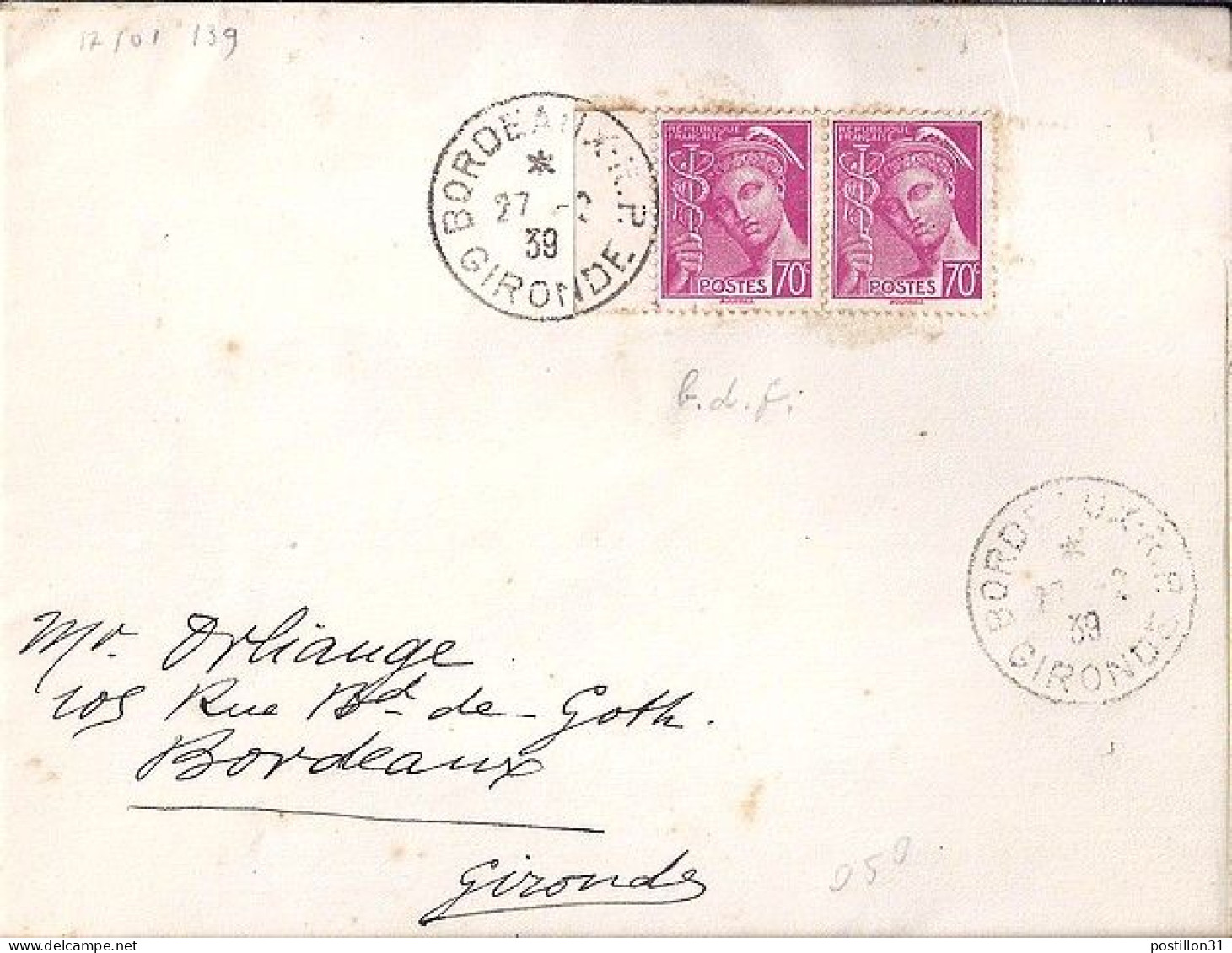 MERCURE N° 416x2 S/L.DE BORDEAUX/27.2.39 - 1938-42 Mercurius