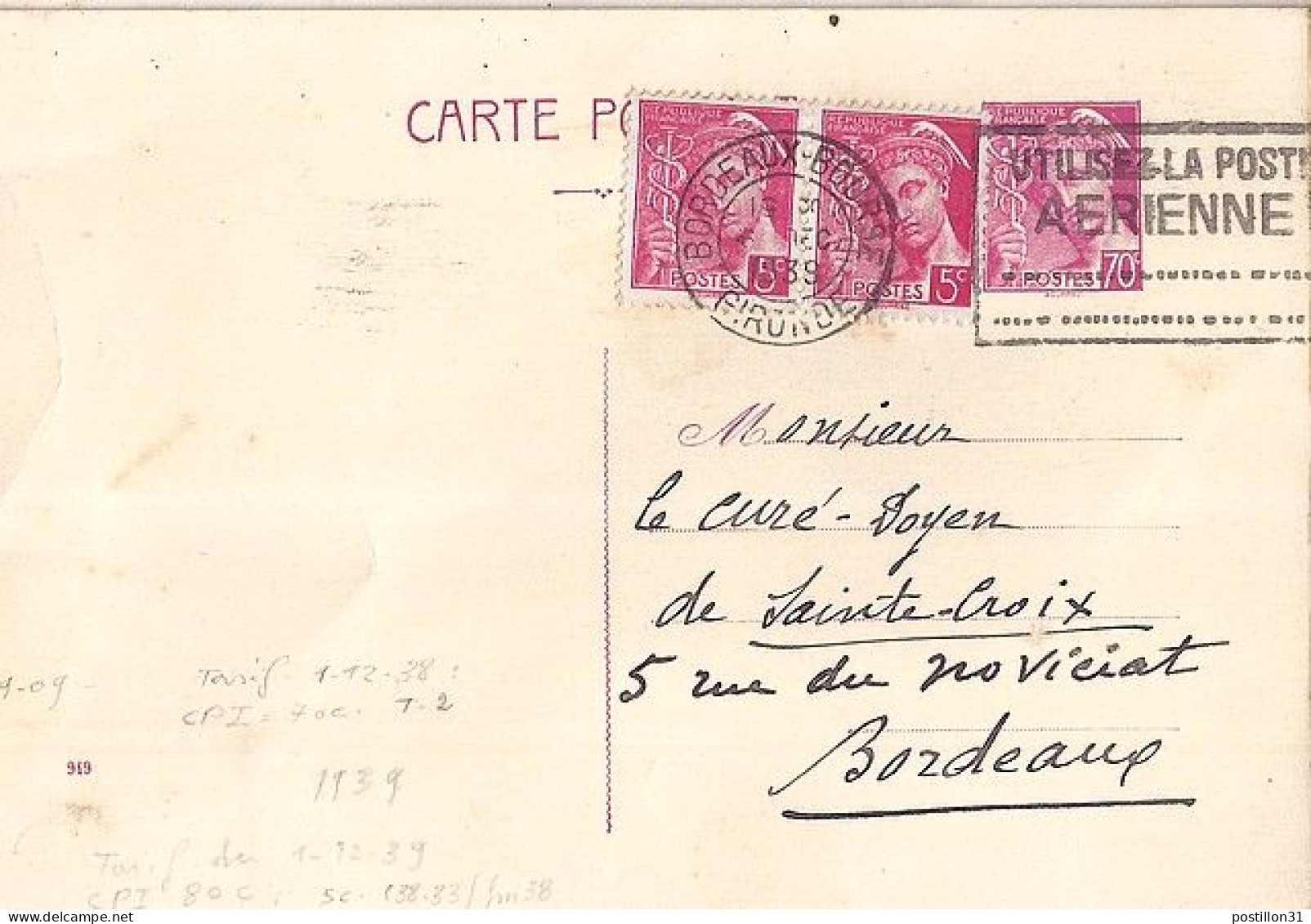 MERCURE N° ENTIER 416 + 406x2 DE BORDEAUX/6.12.39 - 1938-42 Mercure