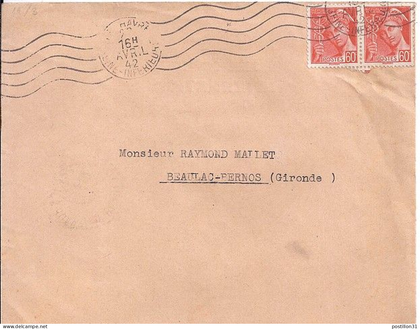 MERCURE N° 415x2 S/L.DE LE HAVRE/26.4.42 - 1938-42 Mercurius