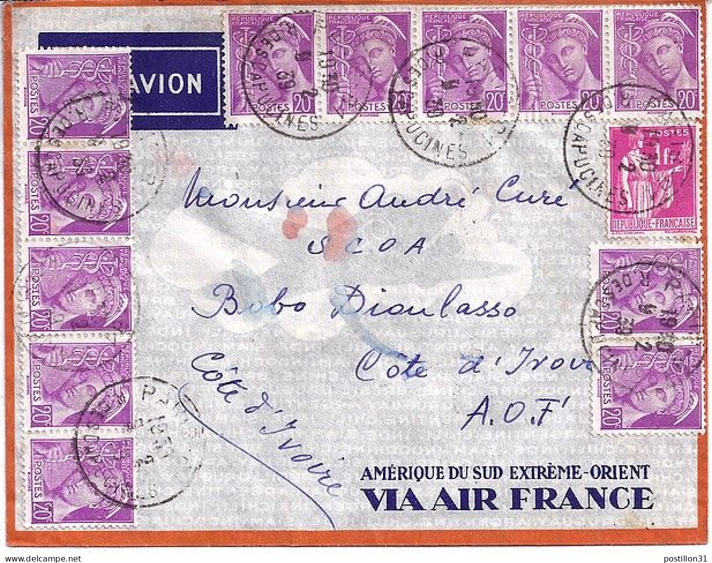 MERCURE N° 410x12/369 S/L.DE PARIS/9.2.39 POUR LA COTE D’IVOIRE - 1938-42 Mercurio