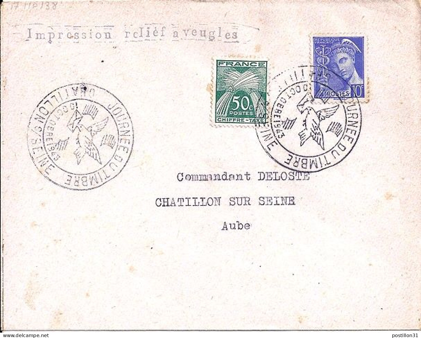 MERCURE N° 407 +Taxe 69 S/L.DE CHATILLON/JOURNEE DU TP/10.10.43 POUR AVEUGLE - 1938-42 Mercurius