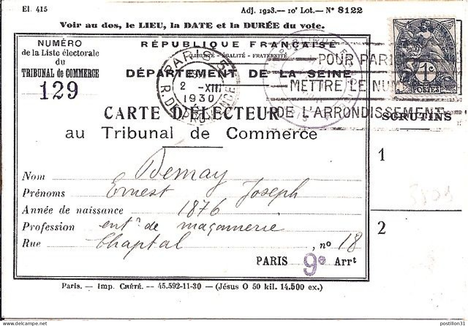 BLANC N° 107 S/CARTE D’ELECTEUR DE PARIS/2.12.30 - 1900-29 Blanc